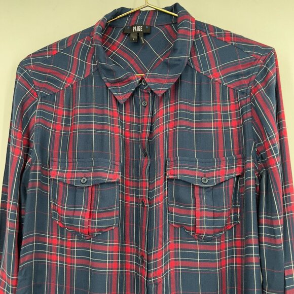 PAIGE Plaid Button Down Shirt Navy Red Long Sleeve Size L - Picture 2 of 10
